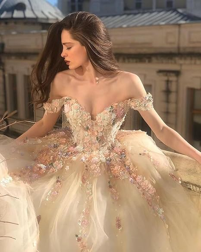Gorgeous Off Shoulder Champagne Lace Floral Prom Dress, Long 3D Flower Champagne Formal Evening Dress, Champagne Ball Gown S20716