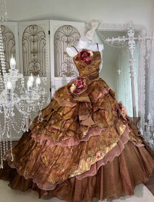 Vintage Caramel Brown Ball Gown Spaghetti Straps Satin Tulle Pleated Layered Long Birthday Quinceanera Dress SP1461