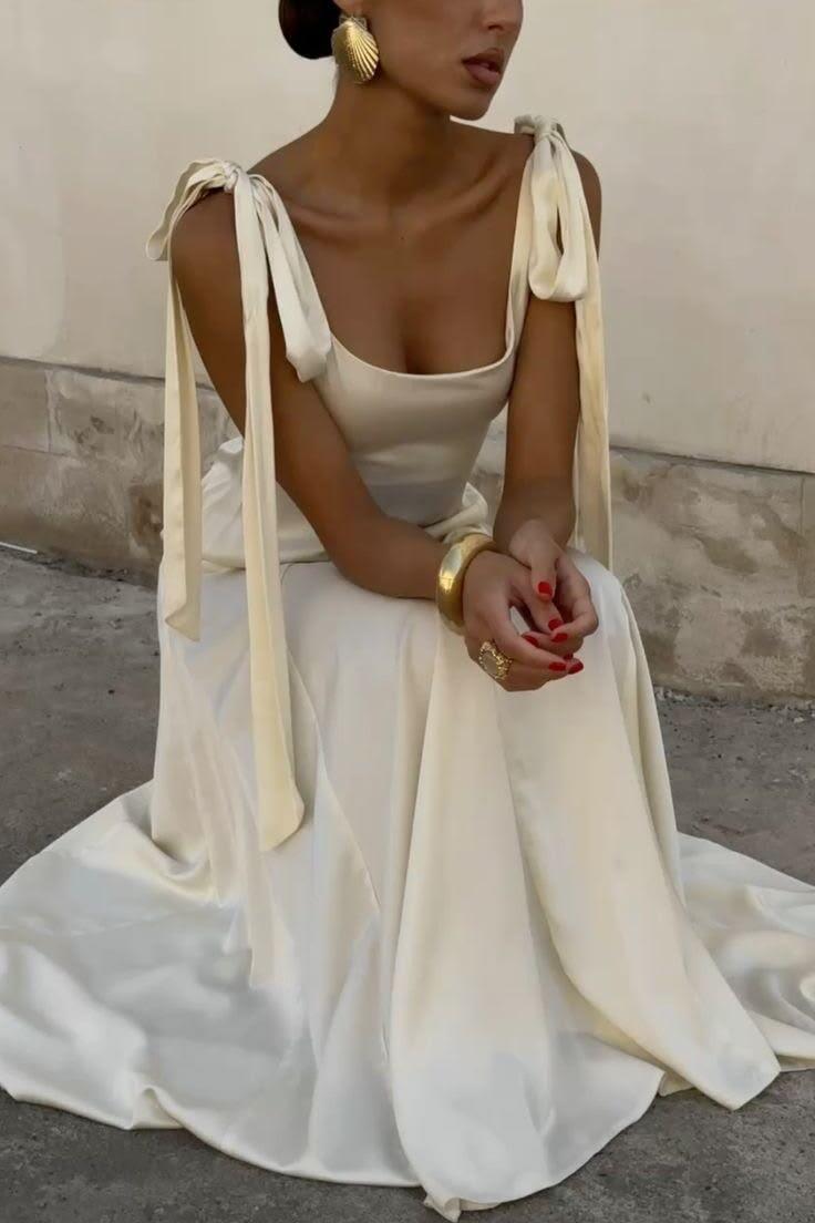 Elegant Spaghetti Straps Satin Long Wedding Guest Dress,Cream Ivory Long Birthday Party Dress SP4016