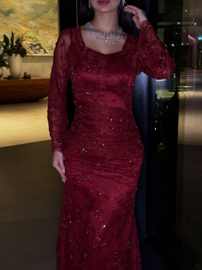 Elegant Burgundy Lace Beaded Mermaid Evening Dress Long Prom Dress SP844