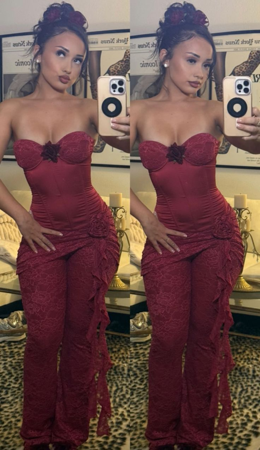 Sexy Burgundy Lace Birthday Outfits Evening Dress Two Piece SP872