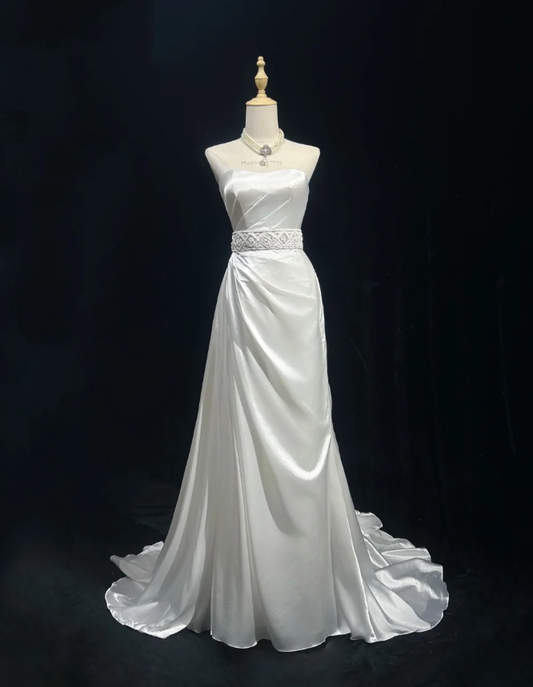 Classy Strapless White Satin Beaded Mermaid Wedding Dress Long Bridal Gowns SP1800