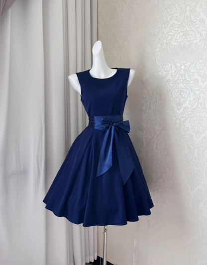 Vintage Sleeveless Blue Satin A Line Short Formal Homecoming Dress Cocktail Dress Y9216