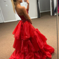 Red One Shoulder Mermaid Slit Sequins Long Prom Dress Formal Evening Gown Y7884