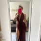Sexy Halter Backless Brown A Line Slit Prom Dress ,Deep V Evening Dress Y8481