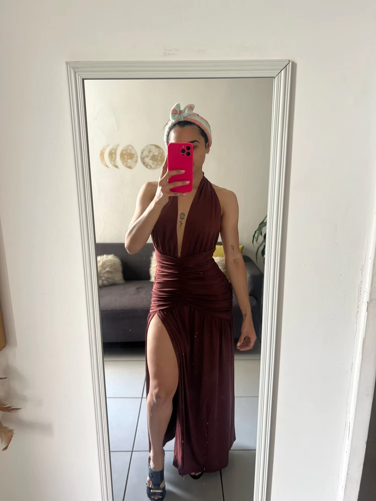 Sexy Halter Backless Brown A Line Slit Prom Dress ,Deep V Evening Dress Y8481
