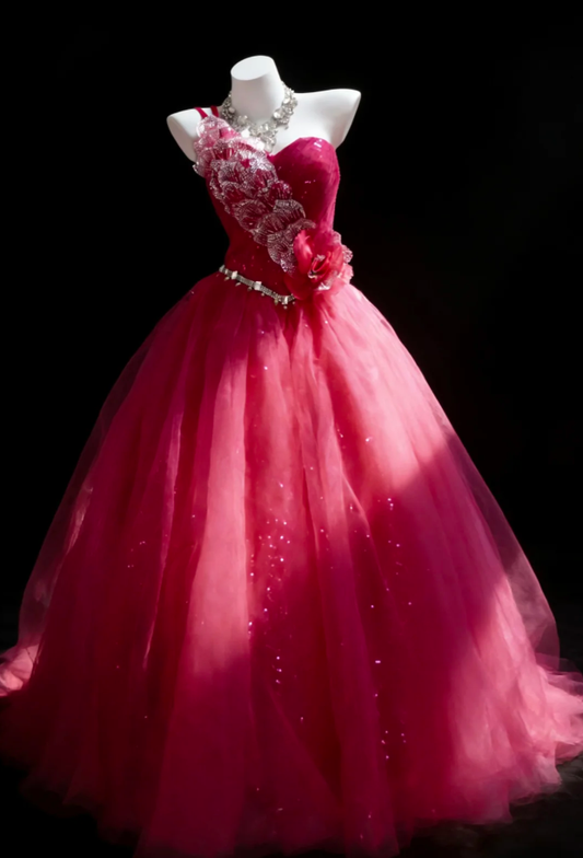 Charming One Shoulder Tulle Beaded Ball Gown Rose Red Long Evening Dress Birthday Dress With Flower SP1847