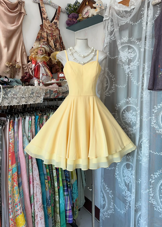 Cute Yellow Chiffon A Line Homecoming Dress Spaghetti Straps Mini Birthday Dress Y9011