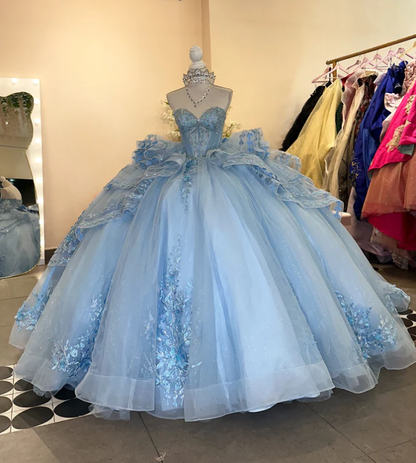 Pretty Strapless Blue Tulle Sequins Appliques Ruffles Tiered Bow Knot Sweet 15 Dress Quinceanera Dress SP571