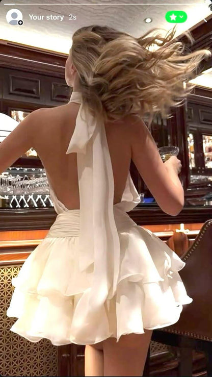 Sexy Halter Sleeveless Chiffon Layered A Line Mini Cocktail Dress,White Backless Short 9th Grade Homecoming Dress SP2428