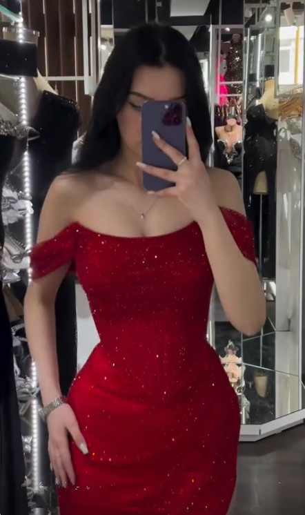 Shiny Off Shoulder Sequins Red Prom Dress Evening Dress With Side Slit  Y7805