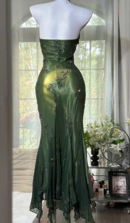 Vintage Emerald Green Halter Chiffon Beaded Mermaid Long evening Dress Birthday Dress SP1670