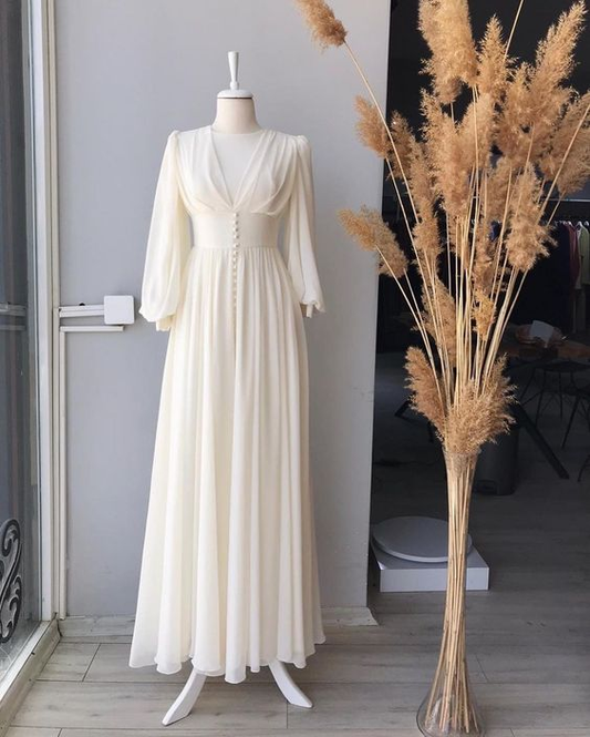Modest A-line V Neck Long Chiffon Prom Dress Y6735