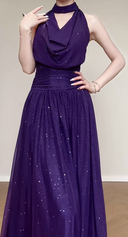 Shiny Halter Purple Tulle Sequin A Line Long Birthday Outfits Backless Evening Dress SP622
