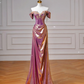 Classy Purple Satin Beaded Mermaid Prom Dress,Off The Shoulder Long Evening Dress Y8605