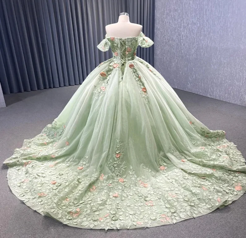 Matcha Green Off The Shoulder Floral Appliqus Shimmering Lace Up Back Simplepromdress Matcha Green Off The Shoulder Floral Appliqus Shimmering Lace Up Back Simplepromdress