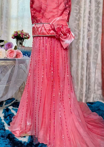 Vintage Spaghetti Straps Satin Embroidery Beaded Mermaid Evening Dress Pink Long Prom Gown SP2375
