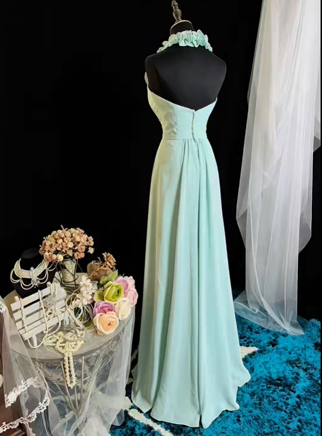 Elegant Mint Green Chiffon A Line Long Wedding Guest Dress Halter V Neck Long Evening Dress SP2372