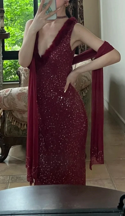 Sparkly Burgundy Sequin Long Party Dress V Neck Mermaid Long Birthday Prom Dresses SP3850