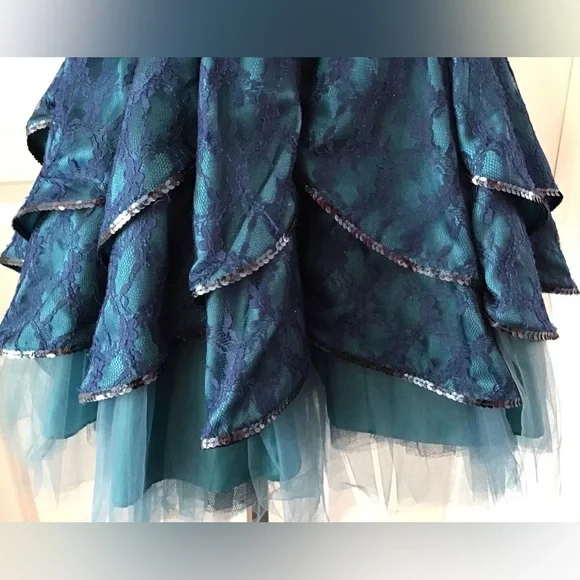 Vintage Blue Satin Lace Tulle Sequin Layered A Line Short Homecoming Dress Cocktail Dress SP135