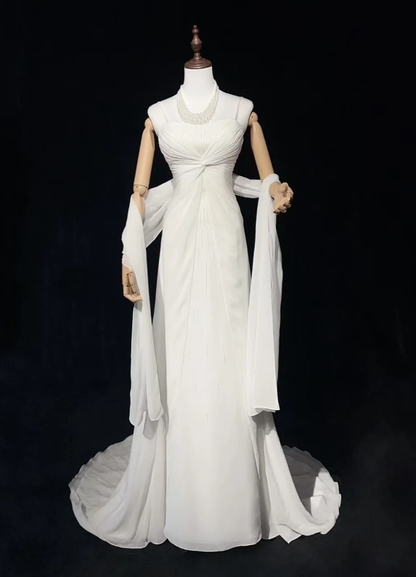 Classy Spaghetti Straps White Chiffon Beaded Mermaid Long Evening Dress Formal Birthday Prom Dresses With Cape SP1381