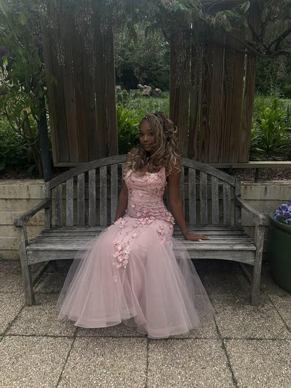 Elegant Pink Spaghetti Straps Tulle Sequin Appliques Mermaid Long Prom Dress Party Gown SP2689