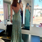 Gorgeous Green Spaghetti Straps Tulle Sequins Evening Gown Slit Prom Dress Y7919