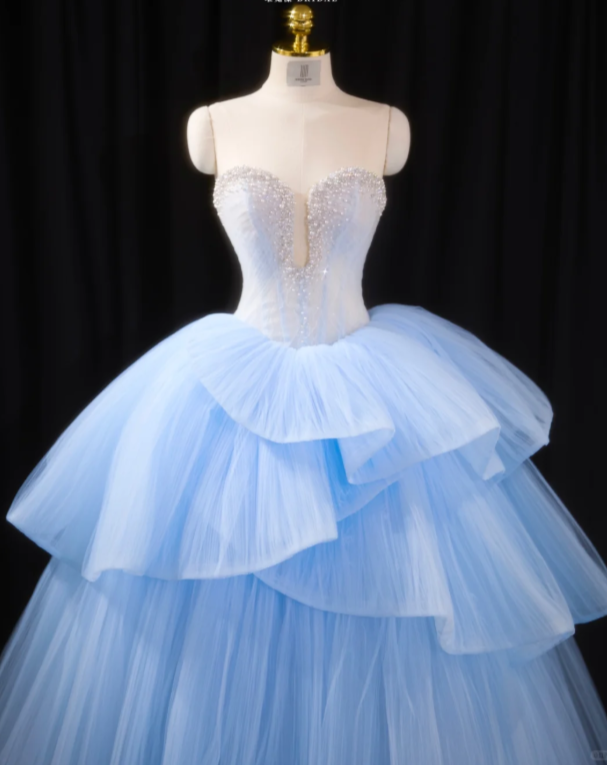 Pretty Blue Princess Ball Gown Strapless Tulle Beaded Sweet 16 Dress Quinceanera Dress SP2231