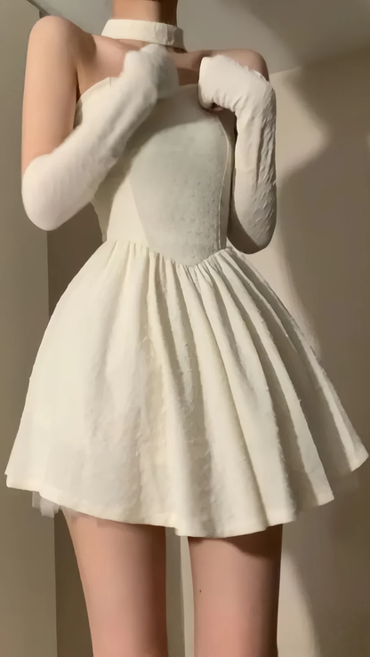 Elegant Off-White Satin Strapless A Line Short Birthday Party Dress Formal Homecoming Dress With Gloves SP141
