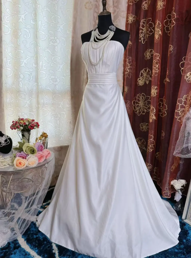 Elegant Strapless Satin Mermaid White Long Wedding Dress Bridal Dress SP1953