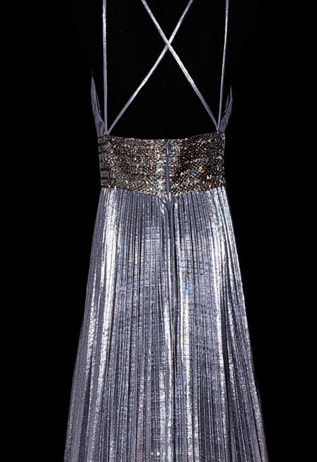 Chic Silver Gray Deep V Satin Pleated Beaded Evening Dress Formal Birthday Prom Dress SP478