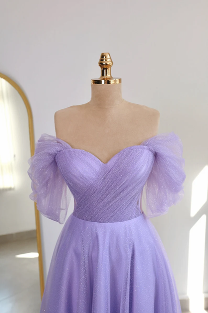 Lilac Glittered Tulle Midi-length Prom Dress, Engagement Dress, Promise Dress,Corset Dress Y4777