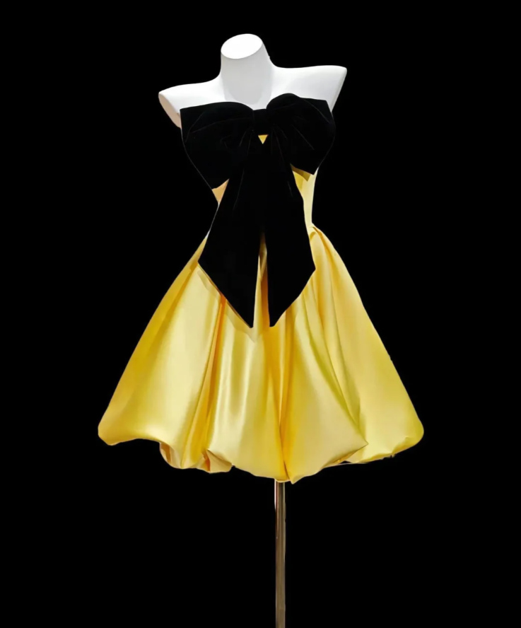 Chic Strapless Yellow Satin Bow A Line Short Homecoming Dress Cocktail Dress SP1940