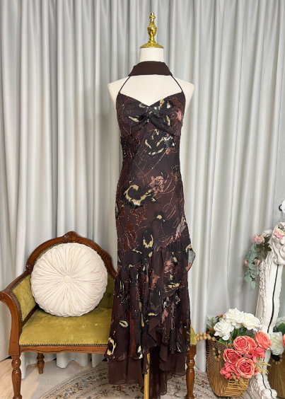 Vintage Halter Chocolate-Brown Chiffon Floral Prints Beaded Mermaid Party Dress Formal Prom Gown With Ribbon SP626