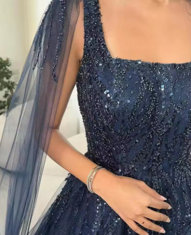 Navy Blue Glitter Square Neck Tulle Long Sleeves Luxury Ball Gown Y488   Simplepromdress