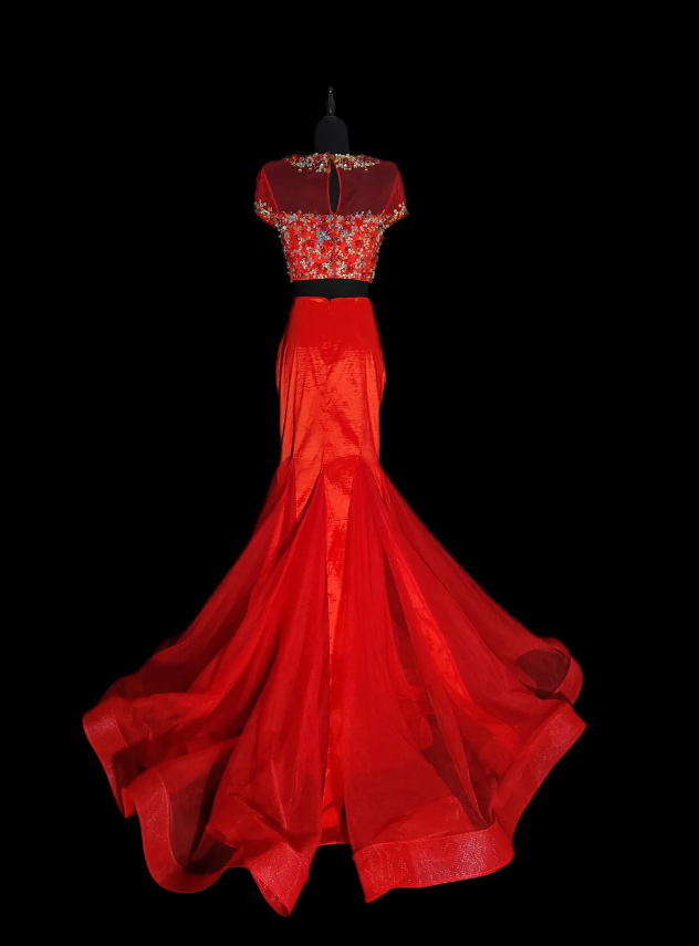 Pretty Red Tulle Sequin Beaded Mermaid Evening Dress Long Prom Gown Two Piece SP433