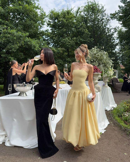 Sweet Strapless Satin A Line Yellow Long Wedding Guest Dress Formal Birthday Evening Dress SP1149