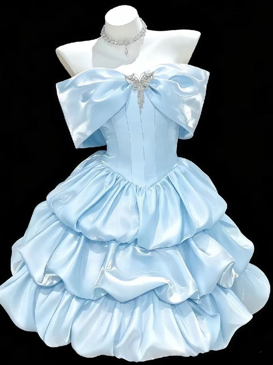 Cute Blue Off The Shoulder Satin Pleated Layered A Line Short Homecoming Dress Birthday Outfits SP3486