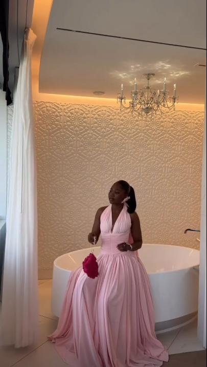 Sexy Halter V Neck Chiffon A Line Party Dress Pink Long Birthday Dress SP4281