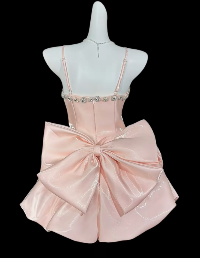 Pretty Pink Spaghetti Straps Satin Beaded A Line Short Graduation Homecoming Dress With Bow SP3534