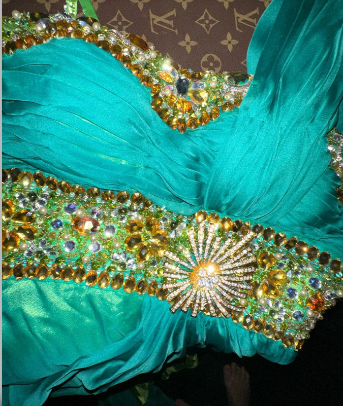 Unique Spaghetti Straps Green Satin Beaded Long Evening Dress Prom Gown SP1065