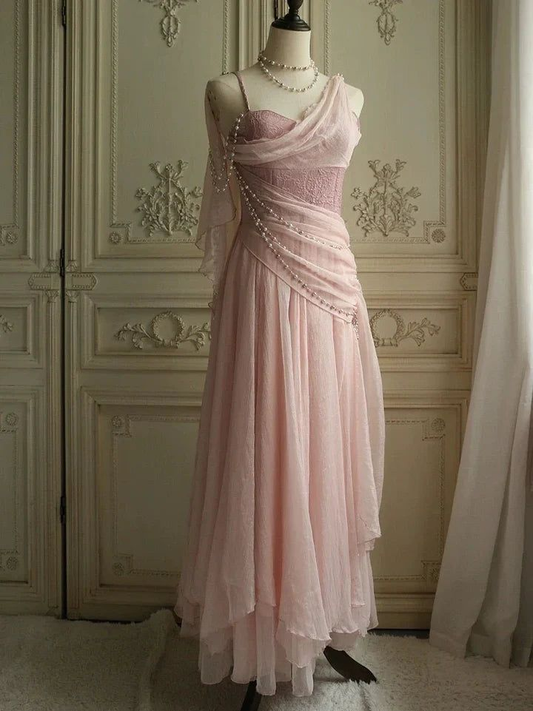 Pretty Pink Chiffon Sweetheart Spaghetti Straps Long Prom Evening Dress With Pearls Y8290