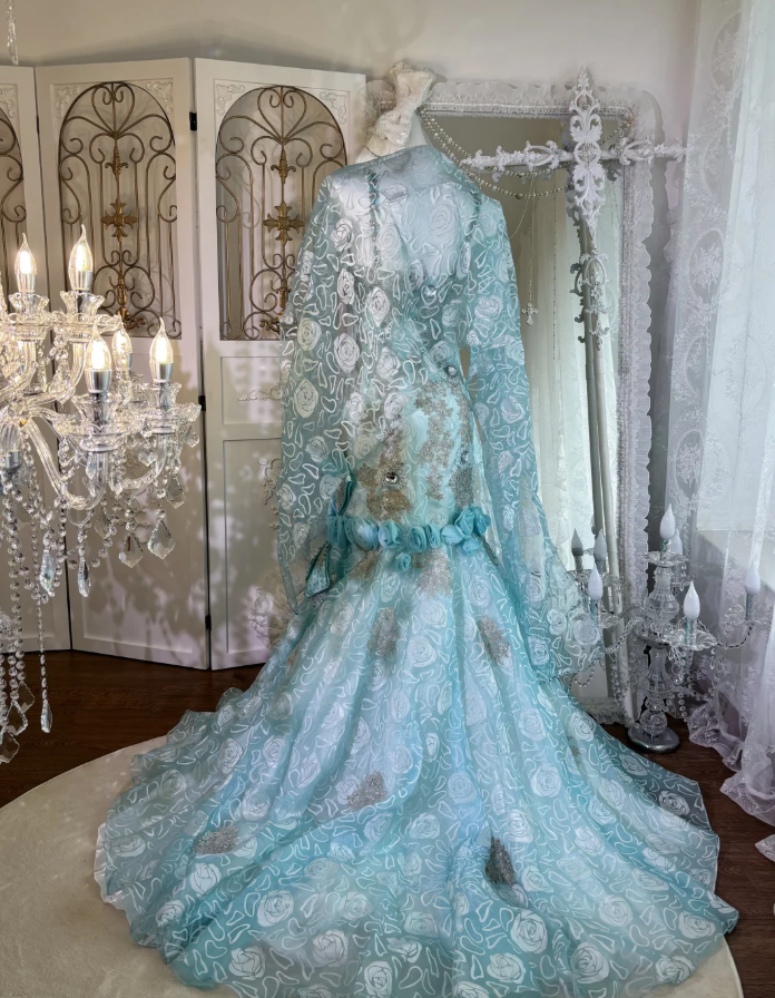 Charming Spaghetti Straps Tulle Rose Floral Mermaid Prom Dress, Blue Appliques Beaded Long Birthday Party Dress SP1464