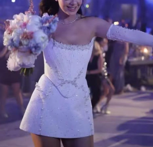 Classy White Strapless Satin Sequin Beaded Short Birthday Outfits Formal Homecoming Dress Y9276