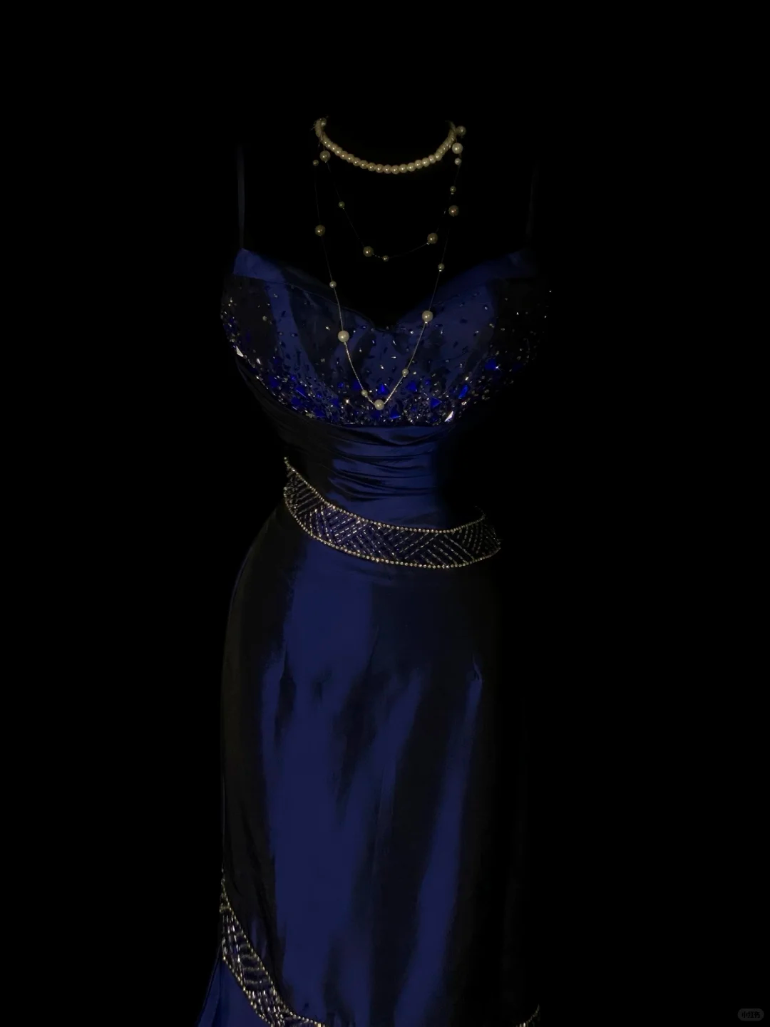 Gorgeous Spaghetti Straps Navy Blue Satin Beaded Mermaid Long Evening Dress Birthday Party Dress SP4075