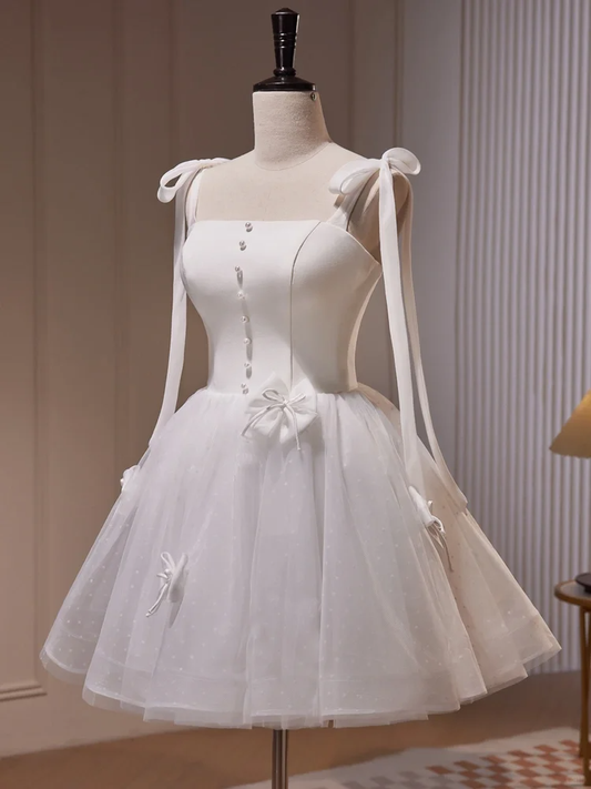 Simple Spaghetti Straps Tulle Satin A Line Birthday Outfits Short Homecoming Dress With Bow Y9537