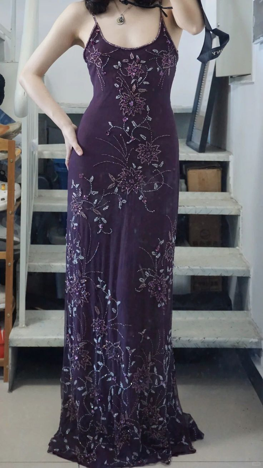 Gorgeous Spaghetti Straps Chiffon Beaded Mermaid Evening Dress Purple Long Birthday Dress SP2109