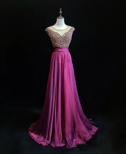 Luxurious Sleeveless Fuchsia Satin Beaded Long Party Dress Formal Evening Dress SP1861