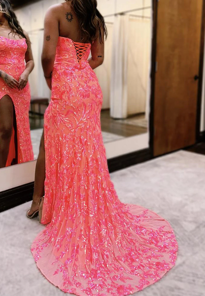 Glamour Strapless Pink Chiffon Sequins Slit Mermaid Long Party Dress Prom Gowns SP4195