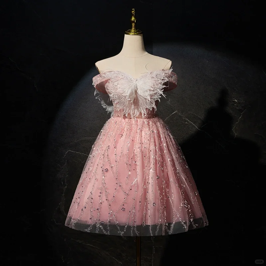 Charming Off The Shoulder Tulle Sequin Pink Graduation Homecoming Dress Short Birthday Outfits Y9538